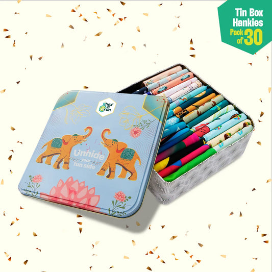 EOD! Elephant Of The Day! Tin Gift Box, Unisex Hankies, 100% Organic Cotton, Box Of 30