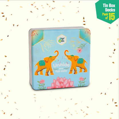 EOD! Elephant Of The Day! Tin Gift Box, Unisex Ankle Length Socks, 100% Organic Cotton, Box Of 15