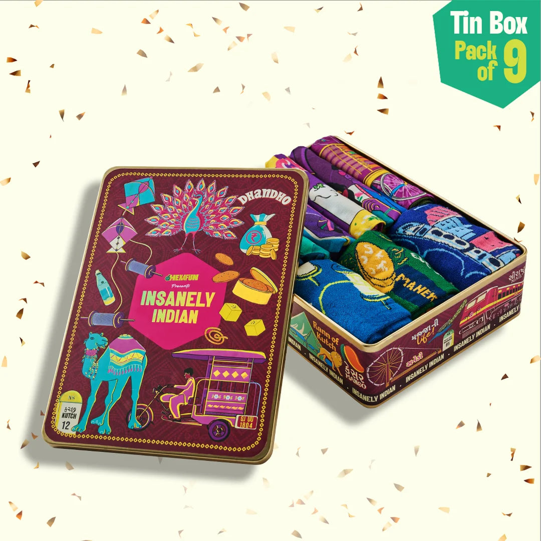 Majjama Mood Box! Tin Gift Box, 6 Hankies + 3 Socks, 100% Organic Cotton, Box of 9