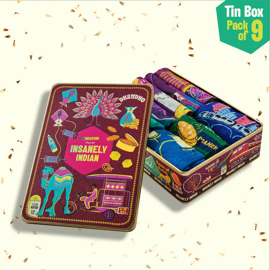 Majjama Mood Box! Tin Gift Box, 6 Hankies + 3 Socks, 100% Organic Cotton, Box of 9