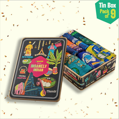 Vanakkam Vibes! Tin Gift Box, 6 Hankies + 3 Socks, 100% Organic Cotton, Box of 9