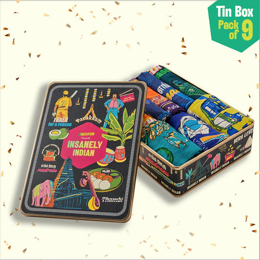 Vanakkam Vibes! Tin Gift Box, 6 Hankies + 3 Socks, 100% Organic Cotton, Box of 9