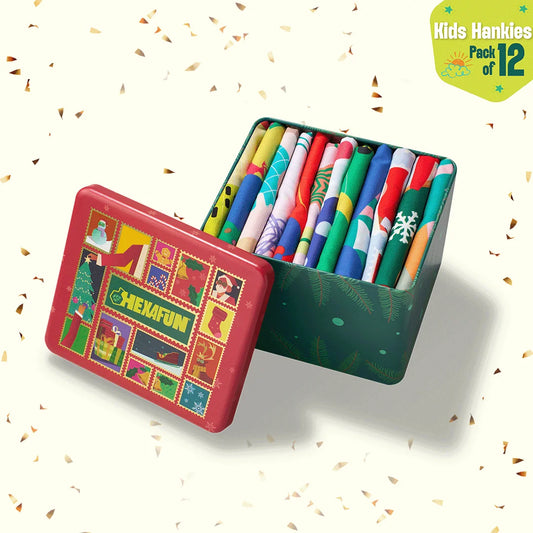 Jingle Mingle! Tin Gift Box, Unisex Kid's Hankies, 100% Organic Cotton, Box of 12