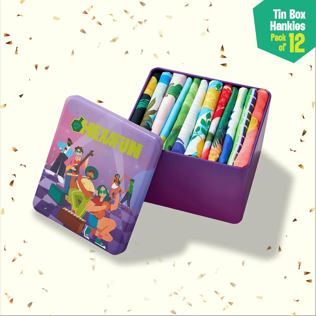 Sound On! Tin Gift Box, Unisex Hankies, 100% Organic Cotton, Box Of 12