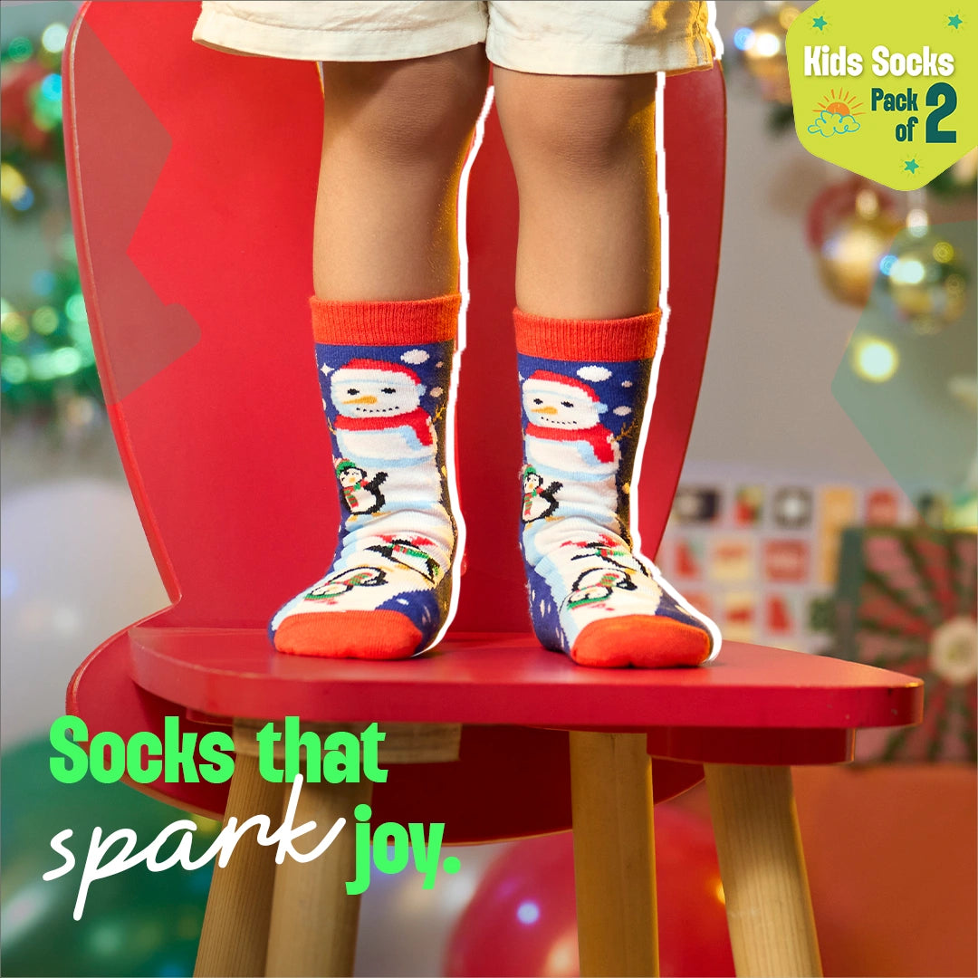 Snowy Holiday! Unisex Kid's Socks, 100% Bamboo, Crew Length, Pack of 2