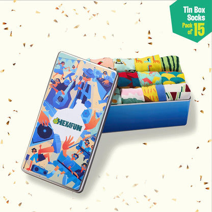 Carnival! Tin Gift Box, Unisex Ankle Length Socks, 100% Organic Cotton, Box Of 15