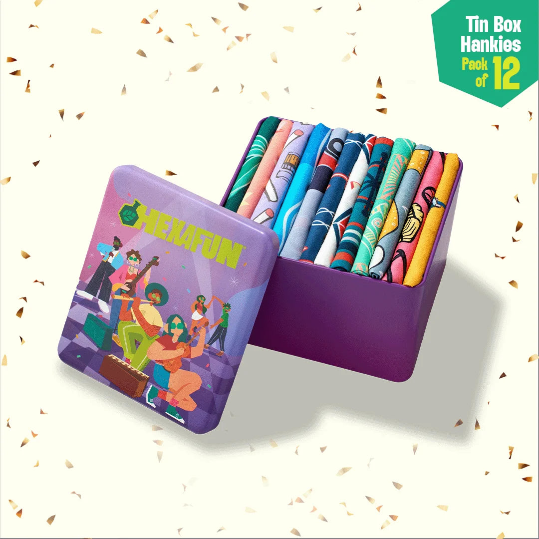 Jammin! Tin Gift Box, Unisex Hankies, 100% Organic Cotton, Box of 12