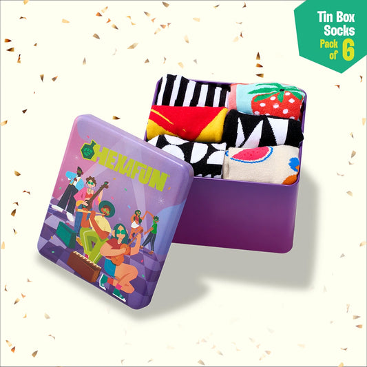 Hype Mix! Tin Gift Box, Unisex Crew Length Socks, 100% Bamboo, Gift Box of 6