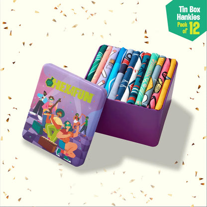 Jammin! Tin Gift Box, Unisex Hankies, 100% Organic Cotton, Box of 12