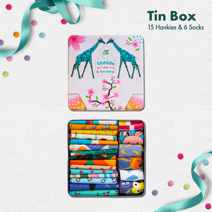 GMT! Giraffe Mood Time! Tin Gift Box, 15 Kid's Hankies + 6 Kid's Socks, 100% Organic Cotton, Box of 21