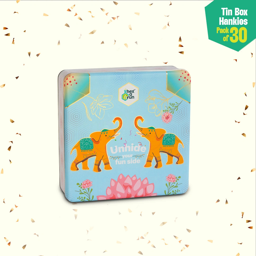 EOD! Elephant Of The Day! Tin Gift Box, Unisex Hankies, 100% Organic Cotton, Box Of 30