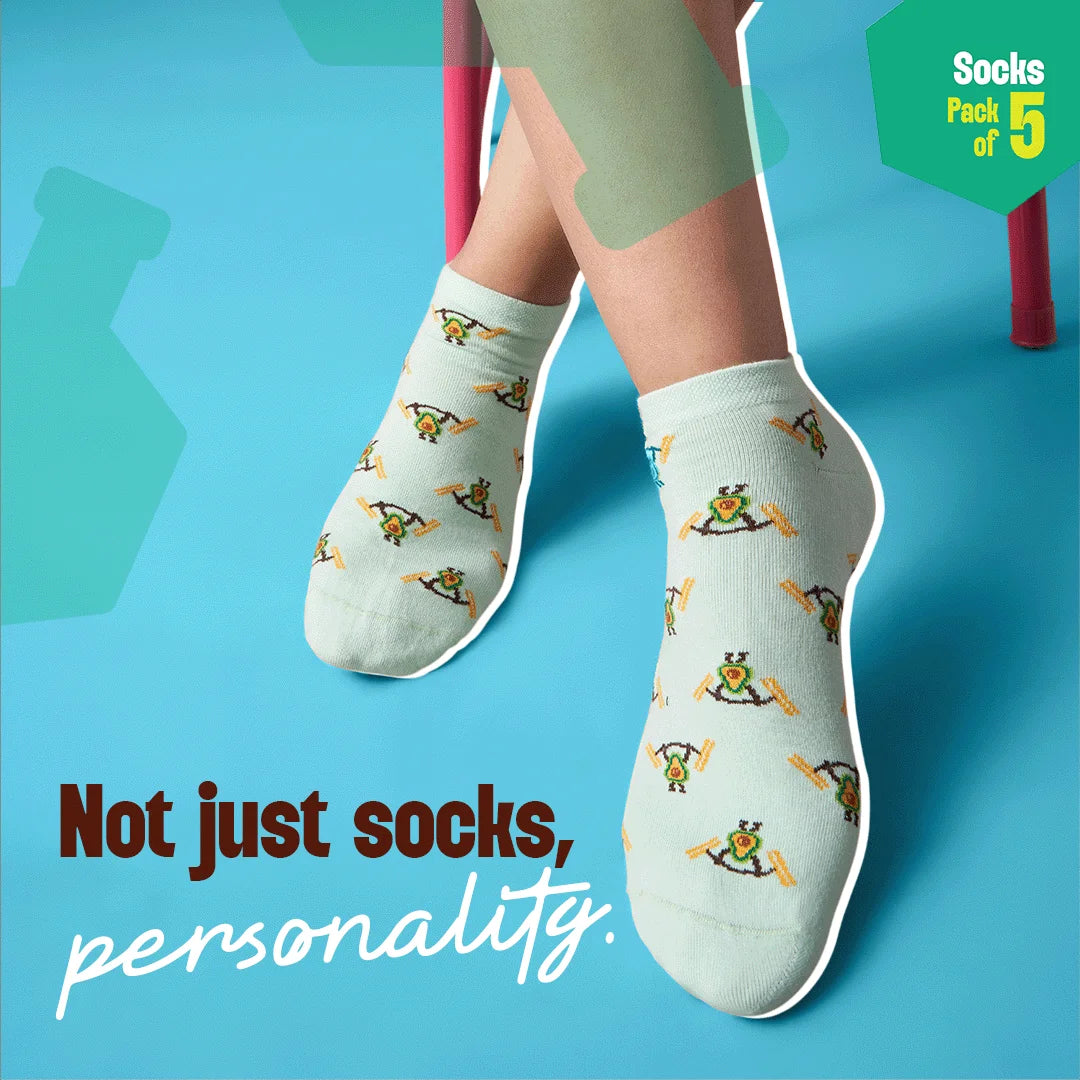 Animal-holic! Unisex Socks, 100% Organic Cotton, Ankle Length, Pack of 5