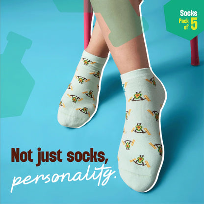 Animal-holic! Unisex Socks, 100% Organic Cotton, Ankle Length, Pack of 5