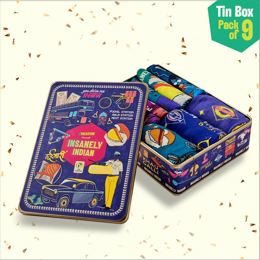 Lai Bhari Drip! Tin Gift Box, 6 Hankies + 3 Socks, 100% Organic Cotton, Box of 9