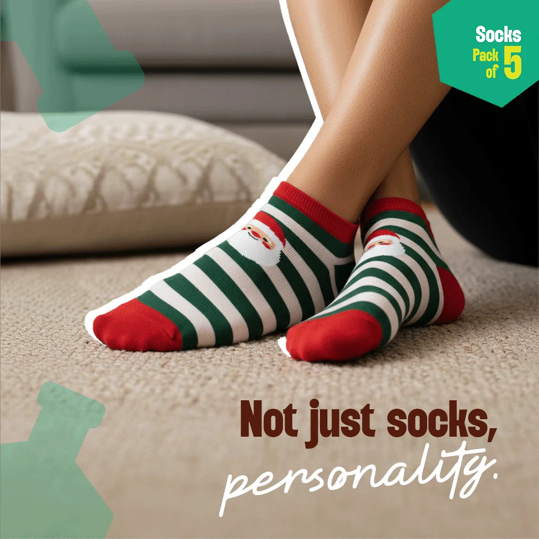 Christmas Punch! Unisex Socks, 100% Organic Cotton,  Ankle Length, Pack of 5