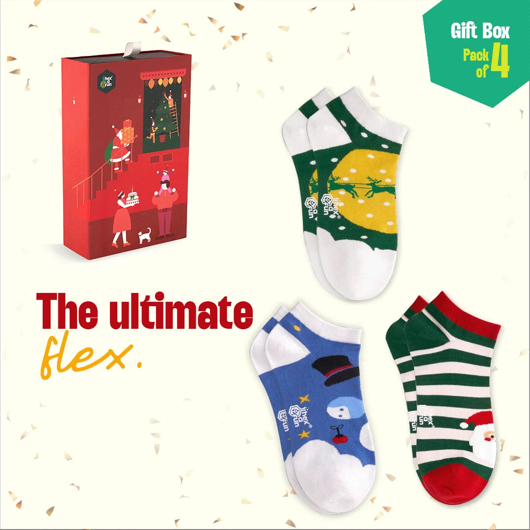 HO! HO! Merry Sox-mas! Unisex Ankle Length Socks, 100% Organic Cotton, Gift Box of 4