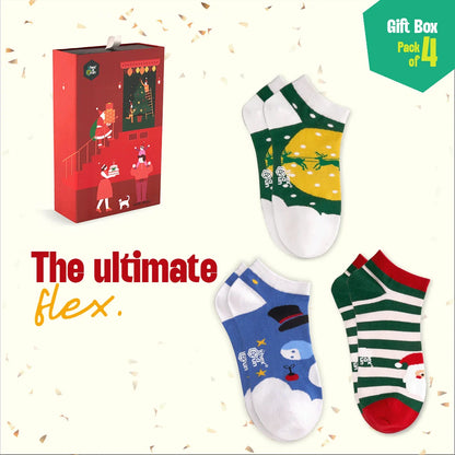 HO! HO! Merry Sox-mas! Unisex Ankle Length Socks, 100% Organic Cotton, Gift Box of 4
