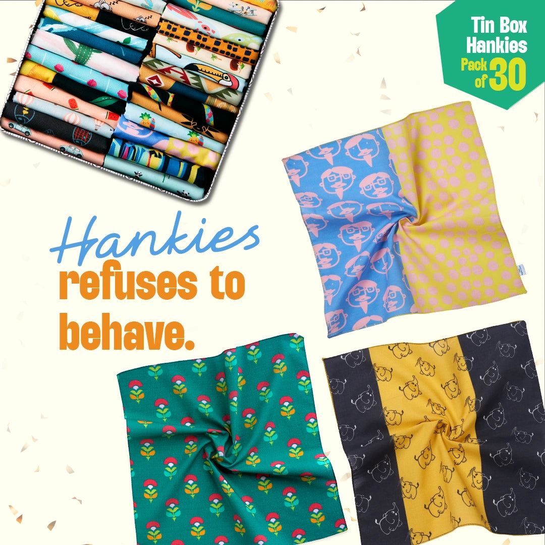 EOD! Elephant Of The Day! Tin Gift Box, Unisex Hankies, 100% Organic Cotton, Box Of 30