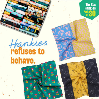 EOD! Elephant Of The Day! Tin Gift Box, Unisex Hankies, 100% Organic Cotton, Box Of 30