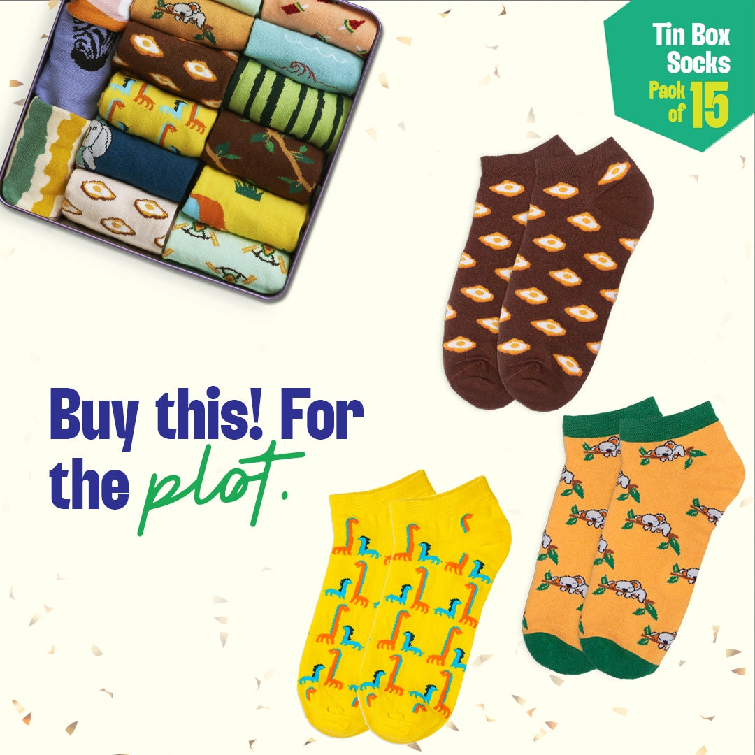 EOD! Elephant Of The Day! Tin Gift Box, Unisex Ankle Length Socks, 100% Organic Cotton, Box Of 15