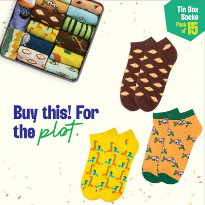 EOD! Elephant Of The Day! Tin Gift Box, Unisex Ankle Length Socks, 100% Organic Cotton, Box Of 15