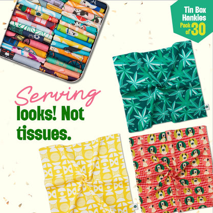 GMT! Giraffe Mood Time! Tin Gift Box, Unisex Hankies, 100% Organic Cotton, Box Of 30