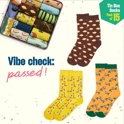 EOD! Elephant Of The Day! Tin Gift Box, Unisex Crew Length Socks, 100% Organic Cotton, Box Of 15