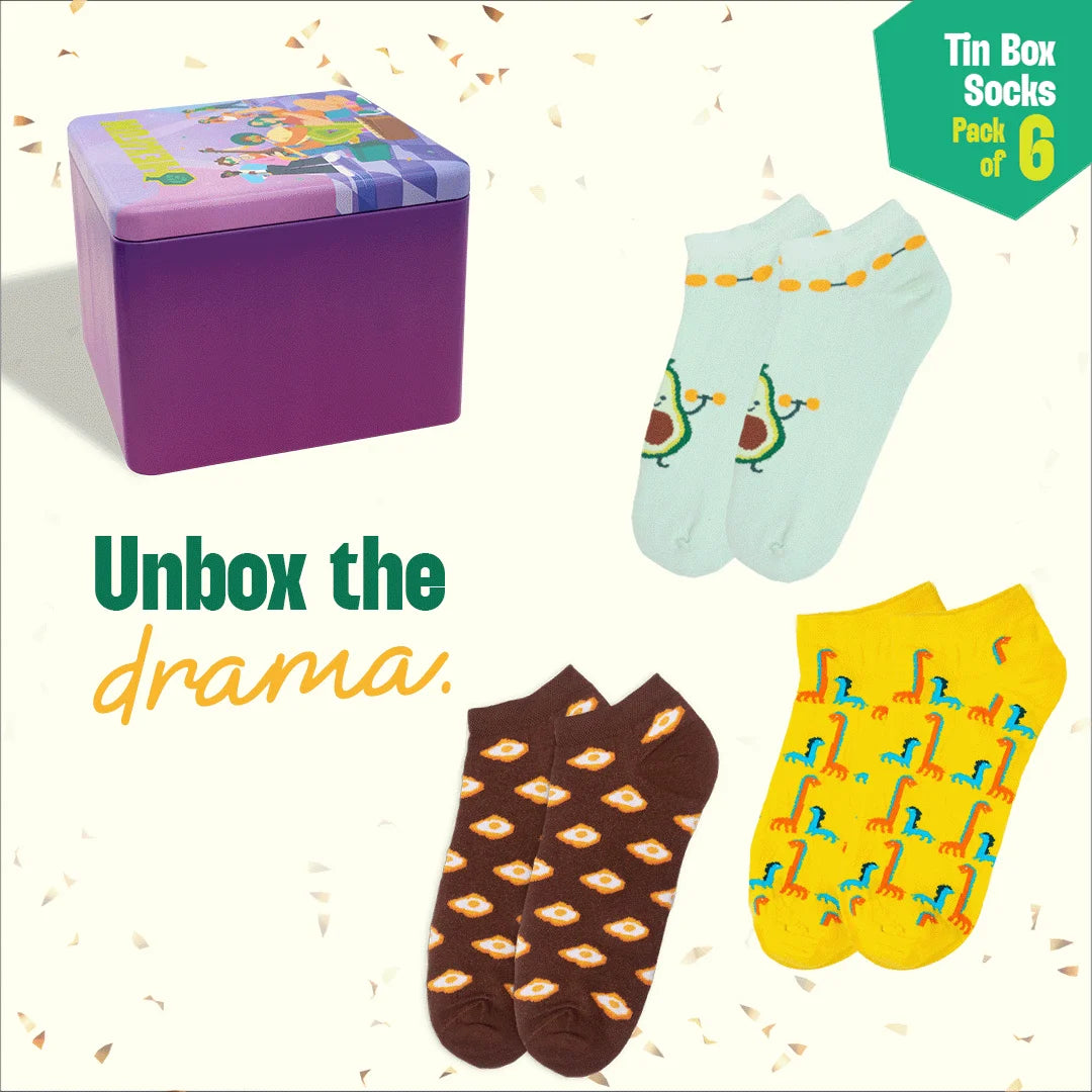 Beat Play! Tin Gift Box, Unisex Ankle Length Socks, 100% Organic Cotton, Gift Box of 6