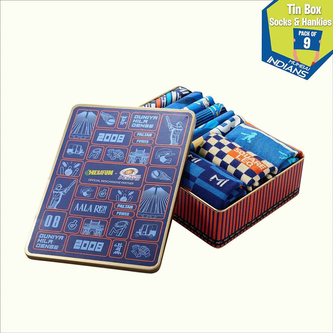Duniya Hila Denge! Tin Gift Box, 6 Unisex Hankies + 3 Unisex Ankle Length Socks, 100% Sustainable, Box of 9