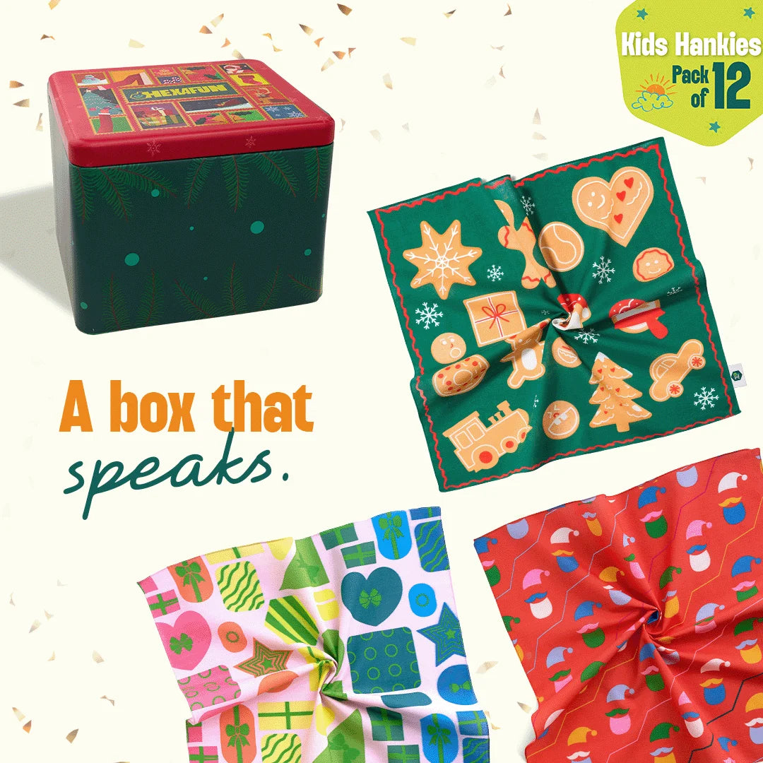 Jingle Mingle! Tin Gift Box, Unisex Kid's Hankies, 100% Organic Cotton, Box of 12