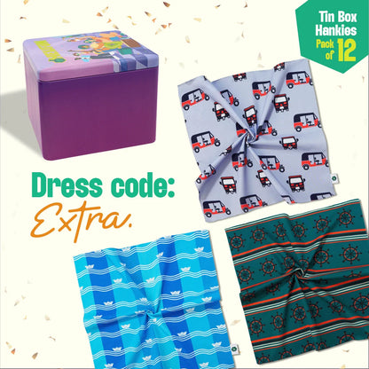 Jammin! Tin Gift Box, Unisex Hankies, 100% Organic Cotton, Box of 12