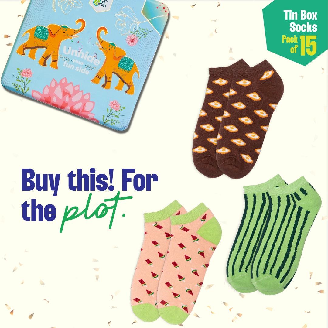 Elephant In The Room! Tin Gift Box, Unisex Ankle Length Socks, 100% Organic Cotton, Box Of 15