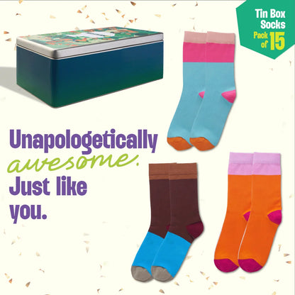 Chaos Maker! Tin Gift Box, Unisex Crew Length Socks, 100% Organic Cotton, Box Of 15