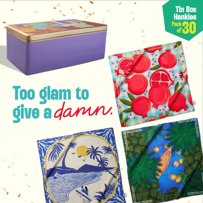 Golden Hour! Tin Gift Box, Unisex Hankies, 100% Organic Cotton, Box Of 30