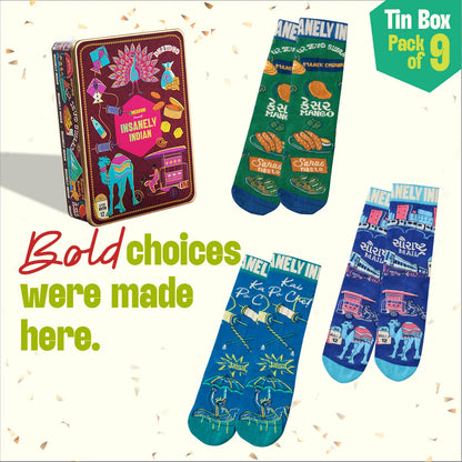 Majjama Mood Box! Tin Gift Box, 6 Hankies + 3 Socks, 100% Organic Cotton, Box of 9
