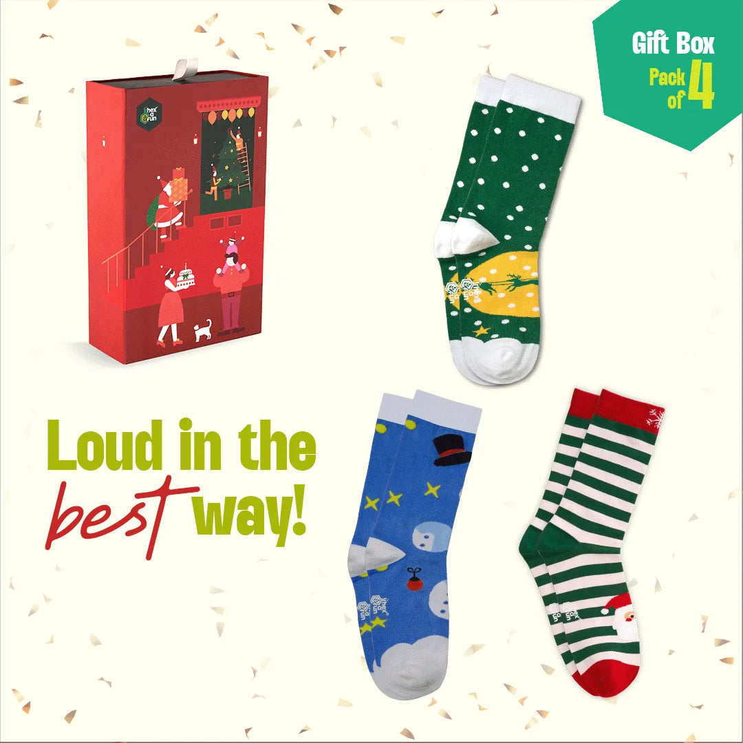 HO! HO! Merry Sox-mas! Unisex Crew Length Socks, 100% Organic Cotton, Gift Box of 4