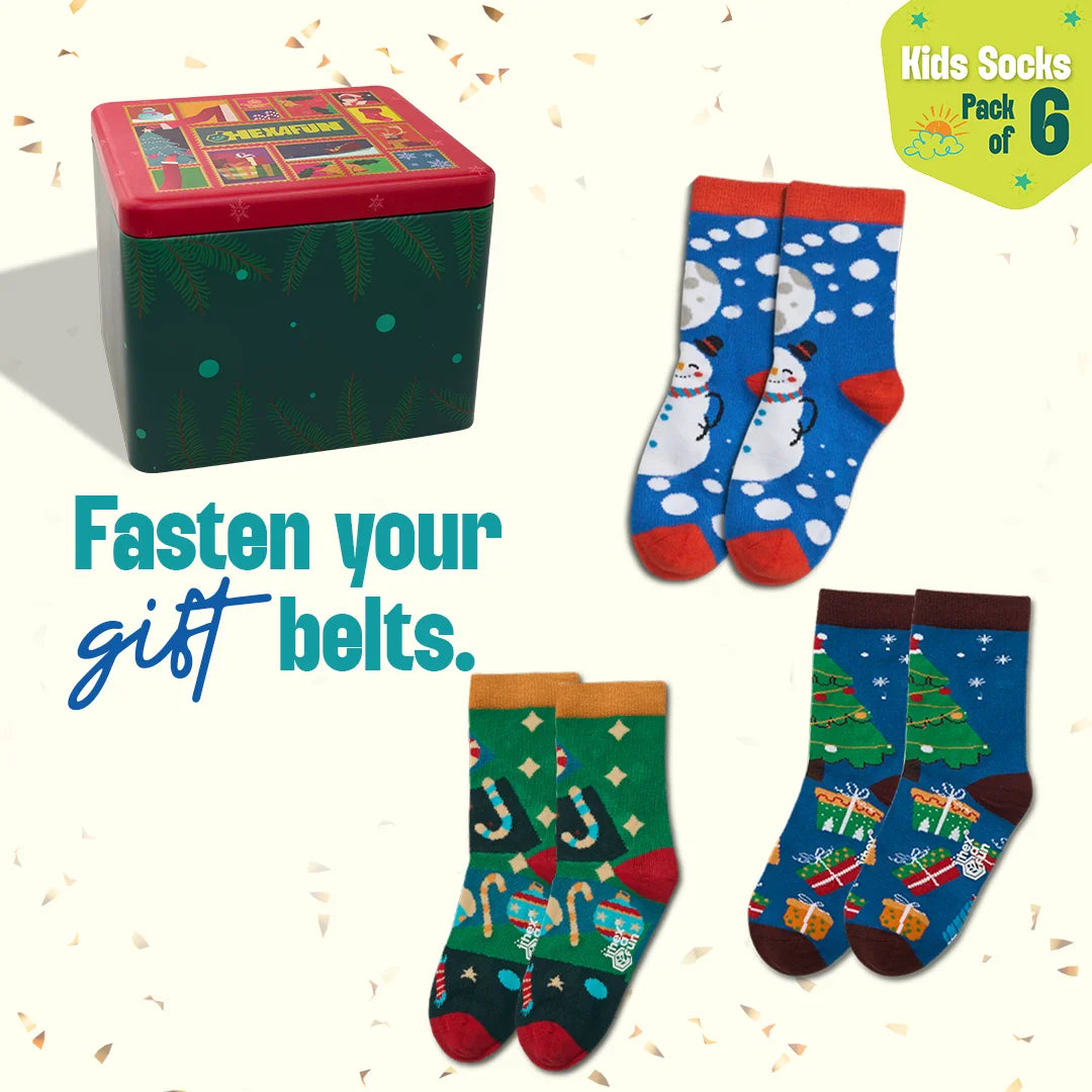 Feelin Jolly! Tin Gift Box, Unisex Kid's Socks, 100% Bamboo, Box of 6