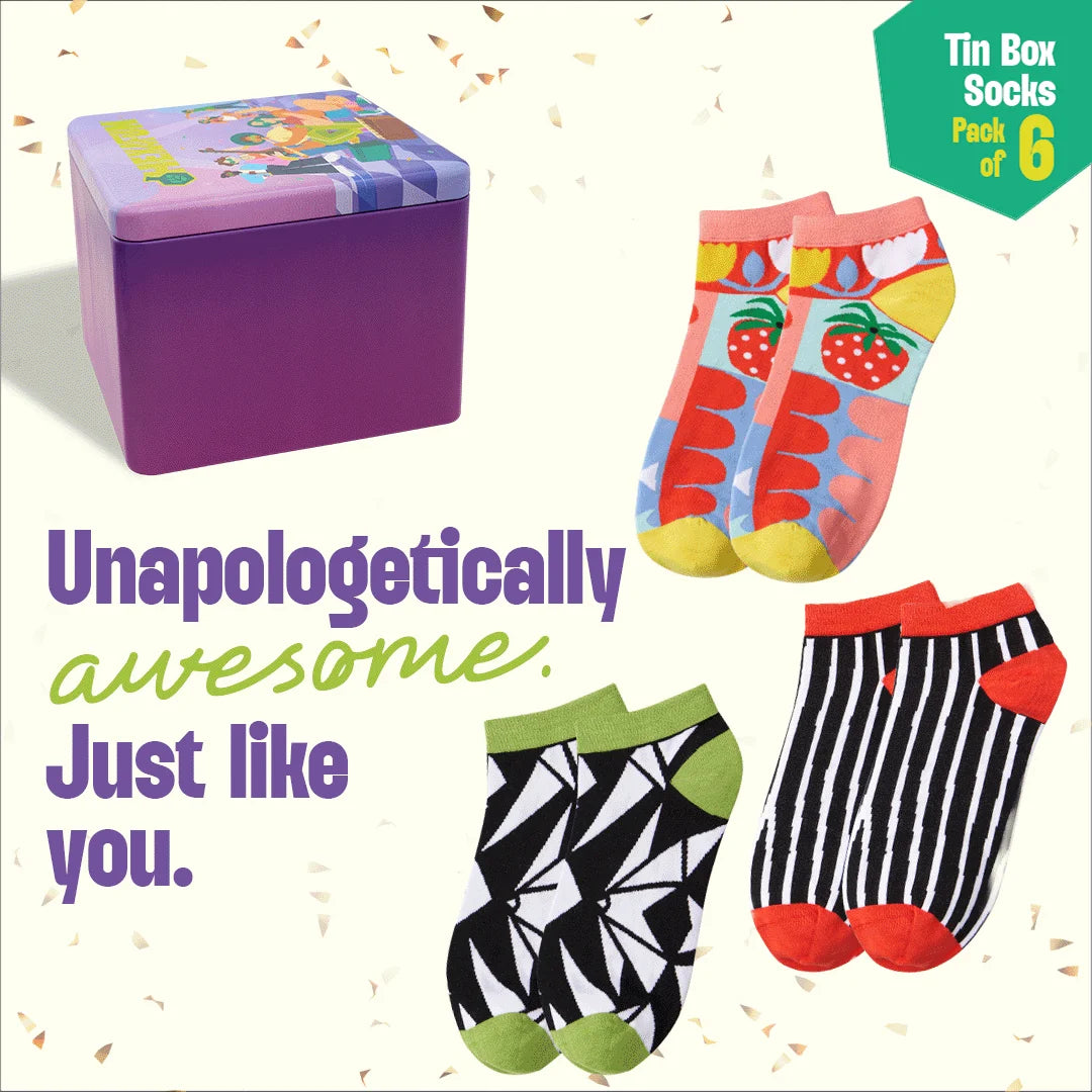Hype Mix! Tin Gift Box, Unisex Ankle Length Socks, 100% Bamboo, Gift Box of 6