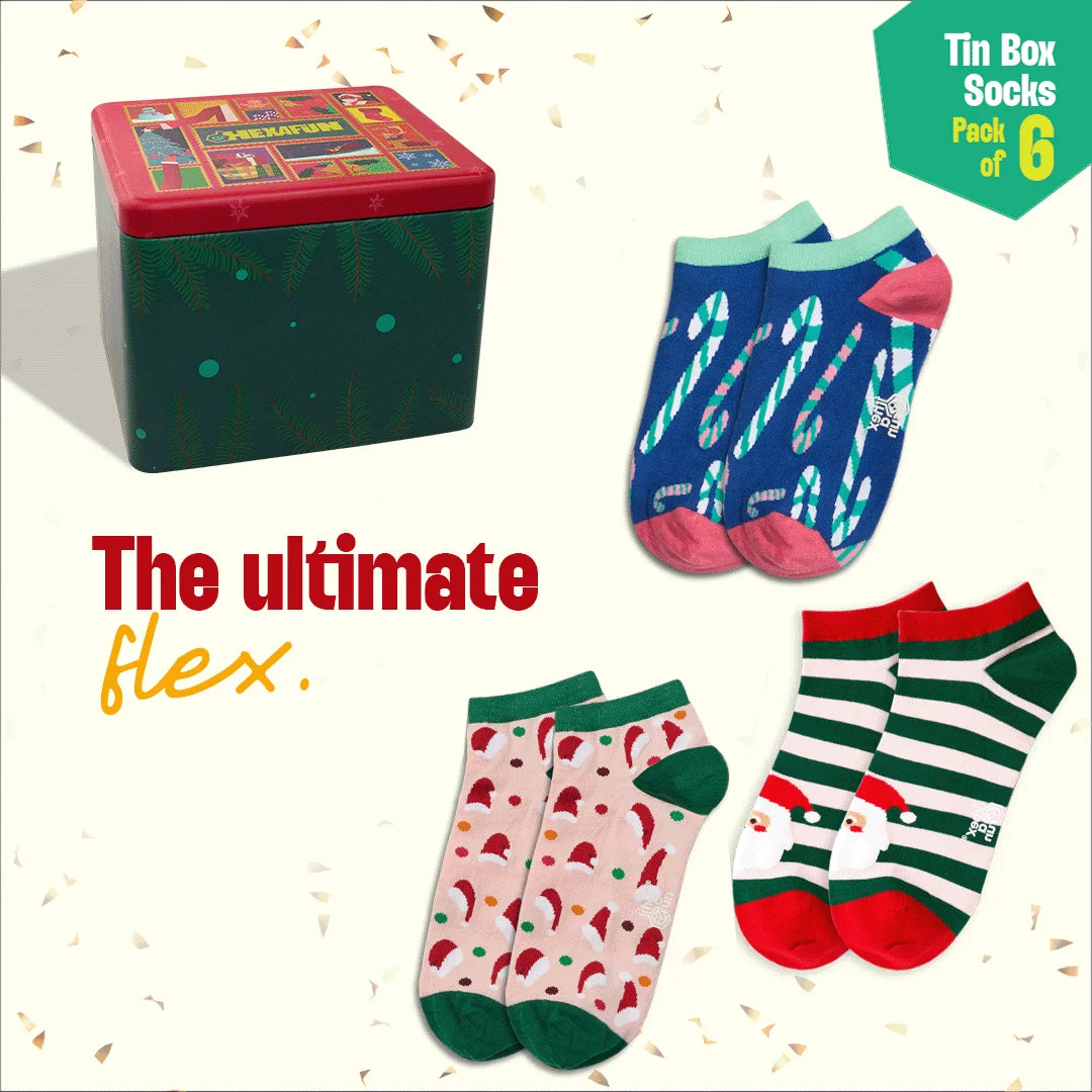 Season Splash! Tin Gift Box, Unisex Ankle Length Socks, 100% Organic Cotton, Box of 6