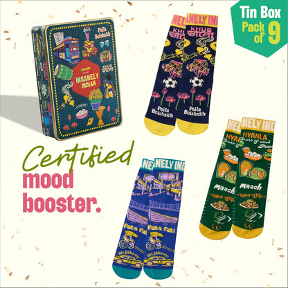 Next Level Bhalo! Tin Gift Box, 6 Hankies + 3 Socks, 100% Organic Cotton, Box of 9