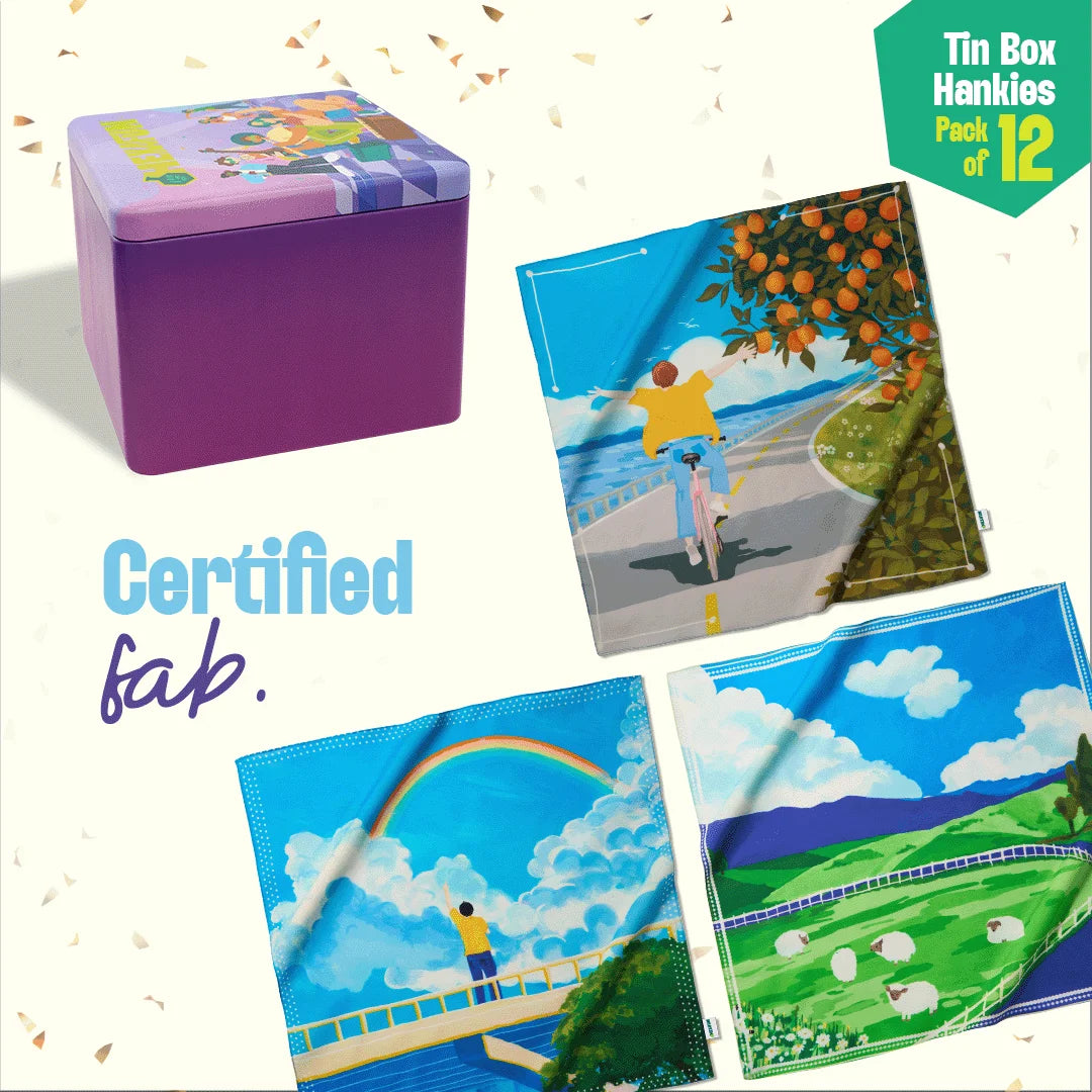Sound On! Tin Gift Box, Unisex Hankies, 100% Organic Cotton, Box Of 12