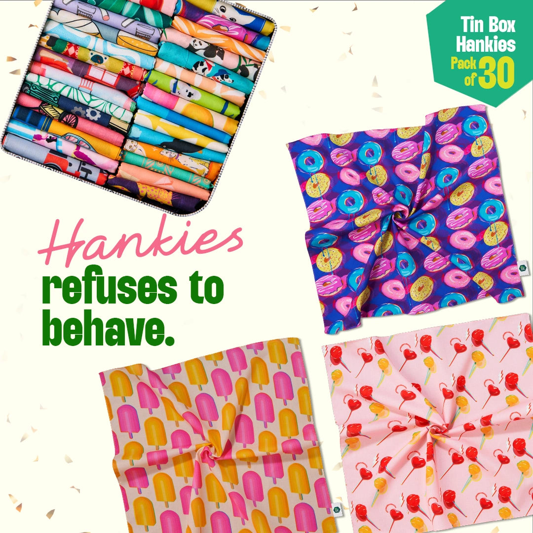 GMT! Giraffe Mood Time! Tin Gift Box, Unisex Hankies, 100% Organic Cotton, Box Of 30