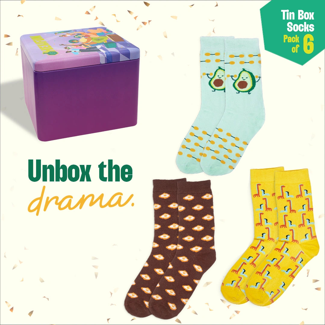 Beat Play! Tin Gift Box, Unisex Crew Length Socks, 100% Organic Cotton, Gift Box of 6