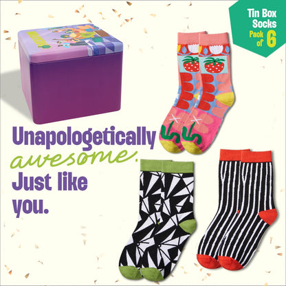 Hype Mix! Tin Gift Box, Unisex Crew Length Socks, 100% Bamboo, Gift Box of 6