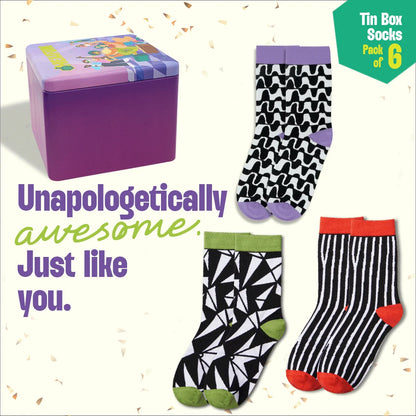Jam Club! Tin Gift Box, Unisex Crew Length Socks, 100% Bamboo, Gift Box of 6