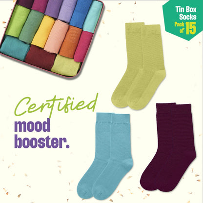 GMT! Giraffe Mood Time! Tin Gift Box, Unisex Crew Length Socks, 100% Organic Cotton, Box Of 15