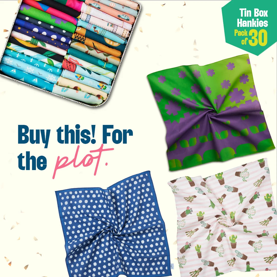 EOD! Elephant Of The Day! Tin Gift Box, Unisex Hankies, 100% Organic Cotton, Box Of 30