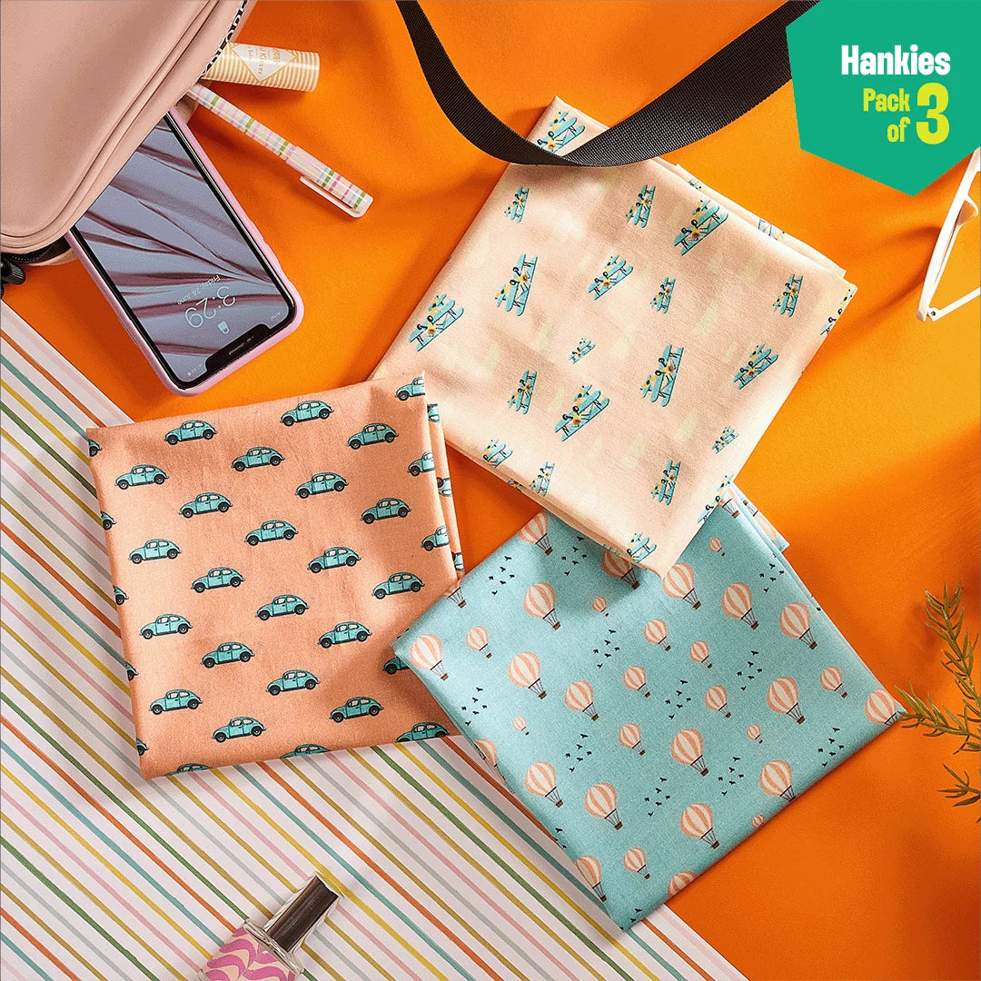 Travelicious! Unisex Hankies, 100% Organic Cotton, Pack of 3