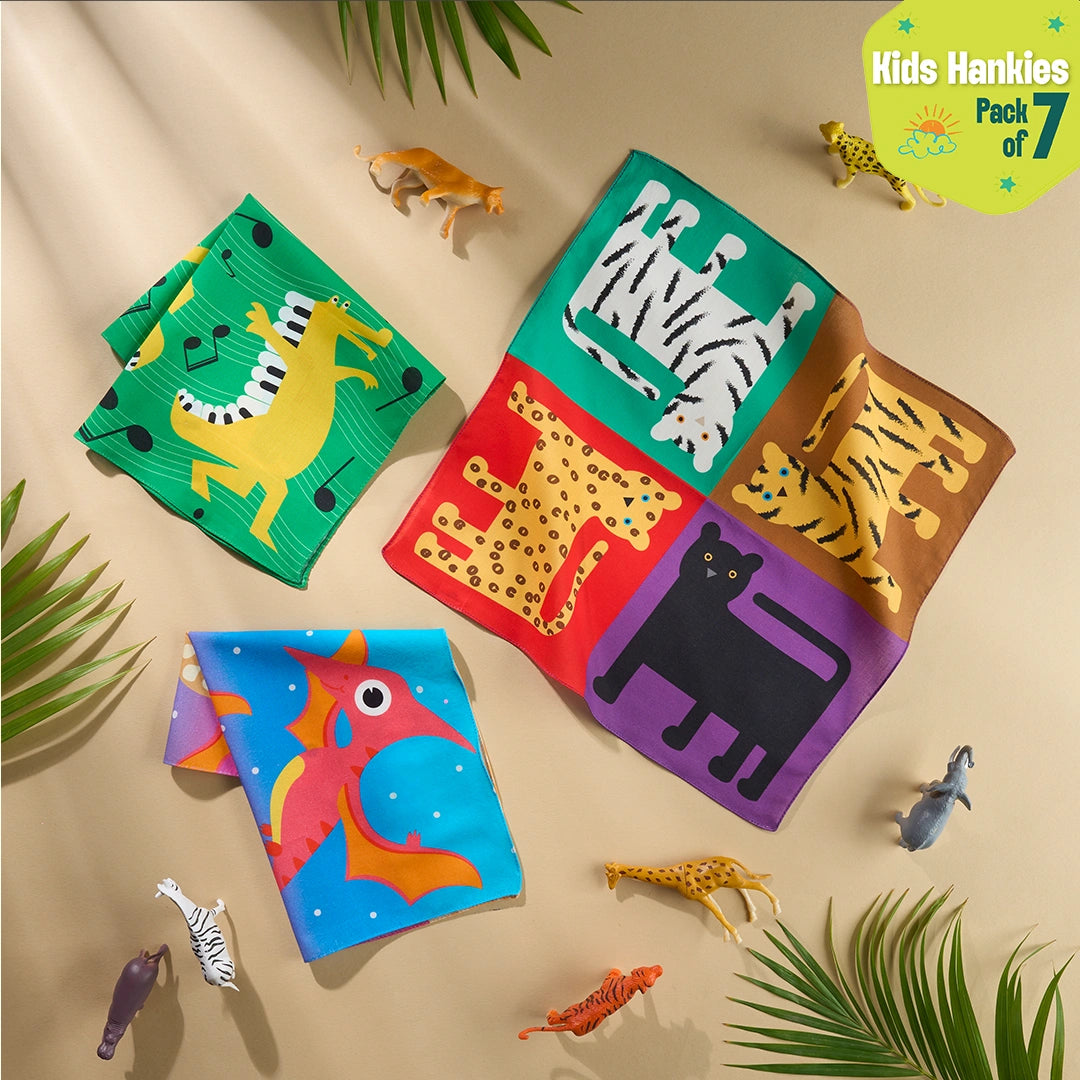 Zoo Buddies! Unisex Kid's Hankies, 100% Organic Cotton, Pack of 7