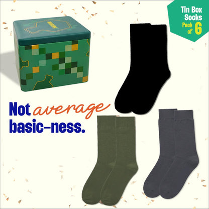 Office Flex! Tin Gift Box, Unisex Crew Length Socks, 100% Organic Cotton, Gift Box of 06